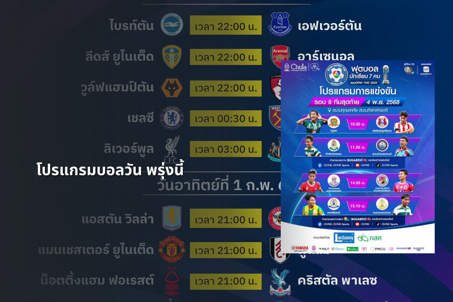 โปรแกรมบอลวัน พรุ่งนี้ - football schedule