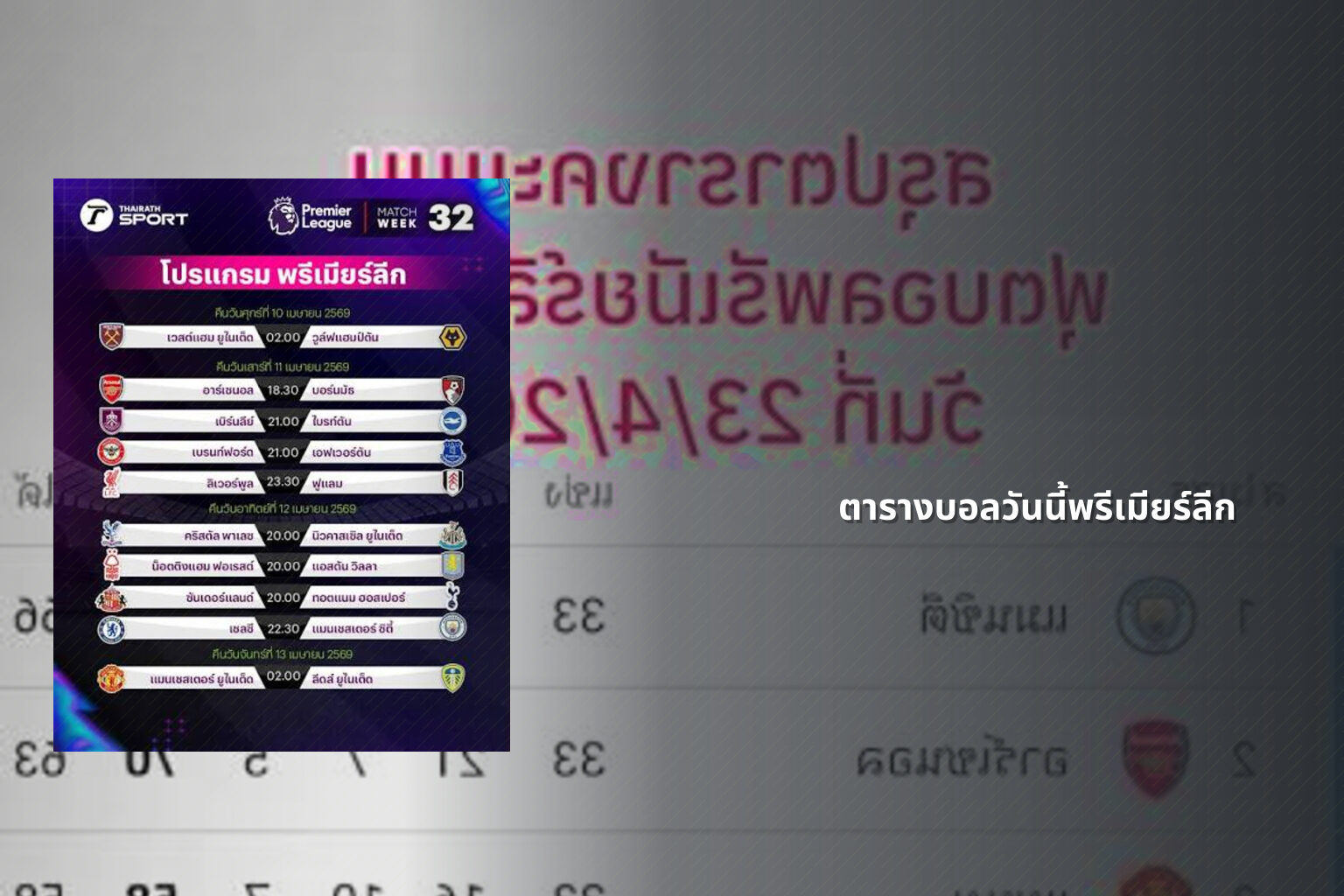 ตารางบอลวันนี้พรีเมียร์ลีก - sports schedule