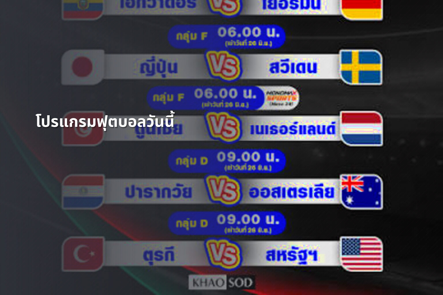 โปรแกรมฟุตบอลวันนี้ - football match schedule