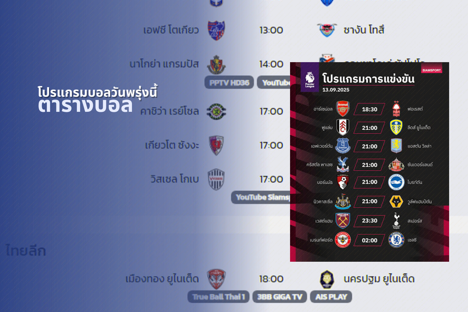 โปรแกรมบอลวันพรุ่งนี้ ตารางบอล